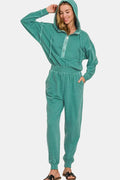 Zenana Enzyme Washed French Terry Hooded Jogger Jumpsuit – Teal