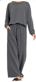 ASH BLACK WASHED FRENCH TERRY ROUND NECK PULLOVER & PANTS SET PIGMENT DYE & ENZYEM WASHING