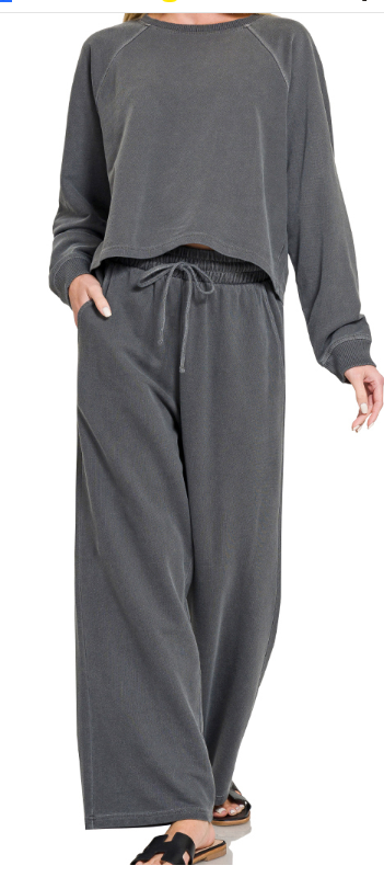 ASH BLACK WASHED FRENCH TERRY ROUND NECK PULLOVER & PANTS SET PIGMENT DYE & ENZYEM WASHING