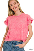 Zenana Washed Cotton Cuffed Cropped Short Sleeve Top