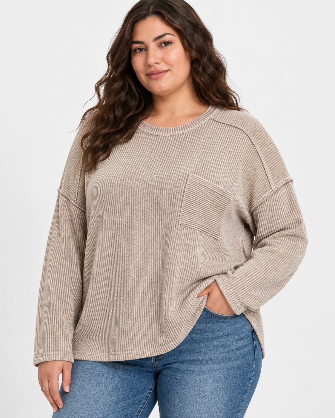 Zenana Plus Size Washed Ribbed Exposed Seam Pocket Top