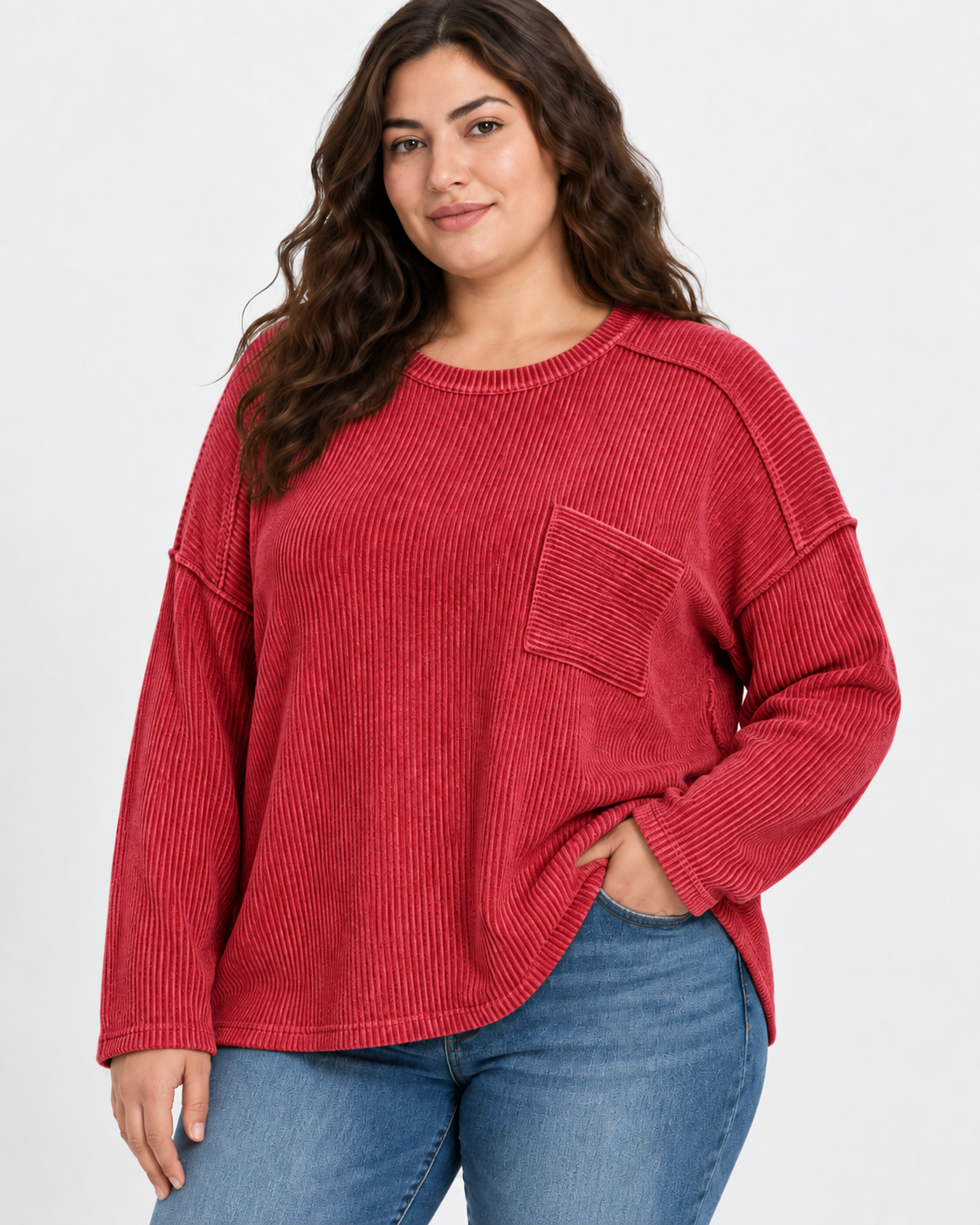 Zenana Plus Size Washed Ribbed Exposed Seam Pocket Top