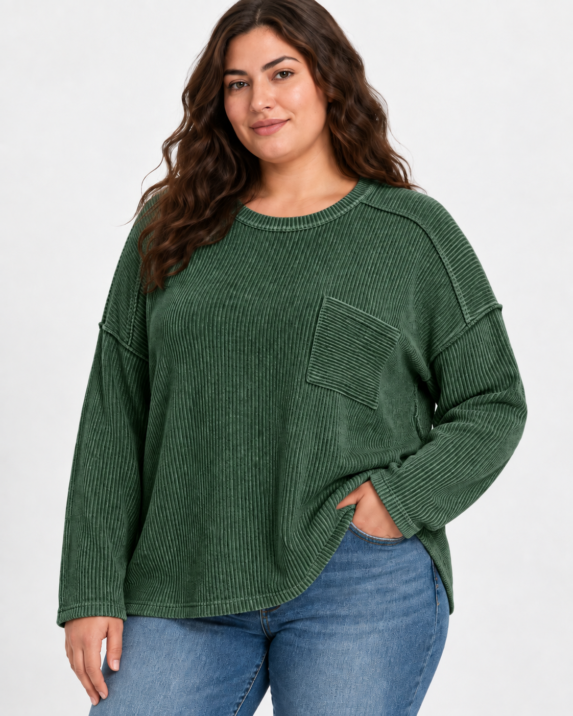 Zenana Plus Size Washed Ribbed Exposed Seam Pocket Top