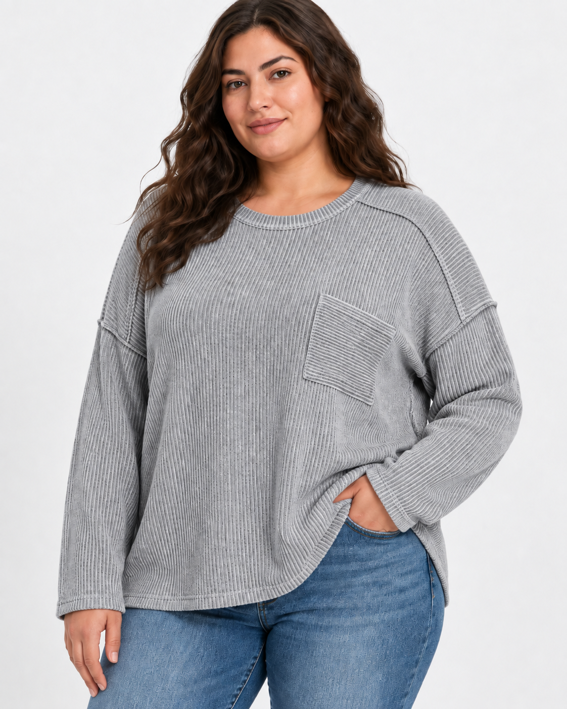 Zenana Plus Size Washed Ribbed Exposed Seam Pocket Top