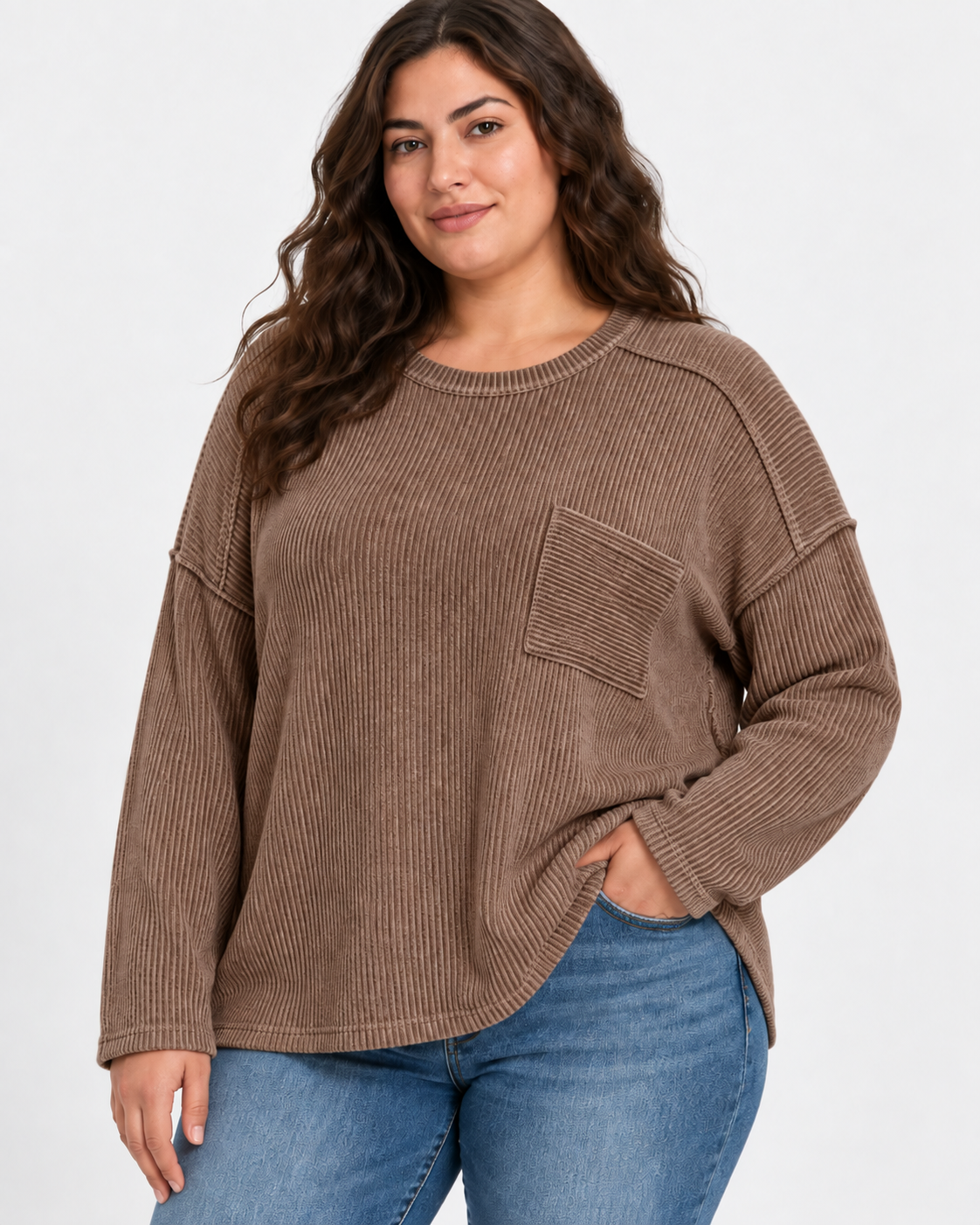 Zenana Plus Size Washed Ribbed Exposed Seam Pocket Top