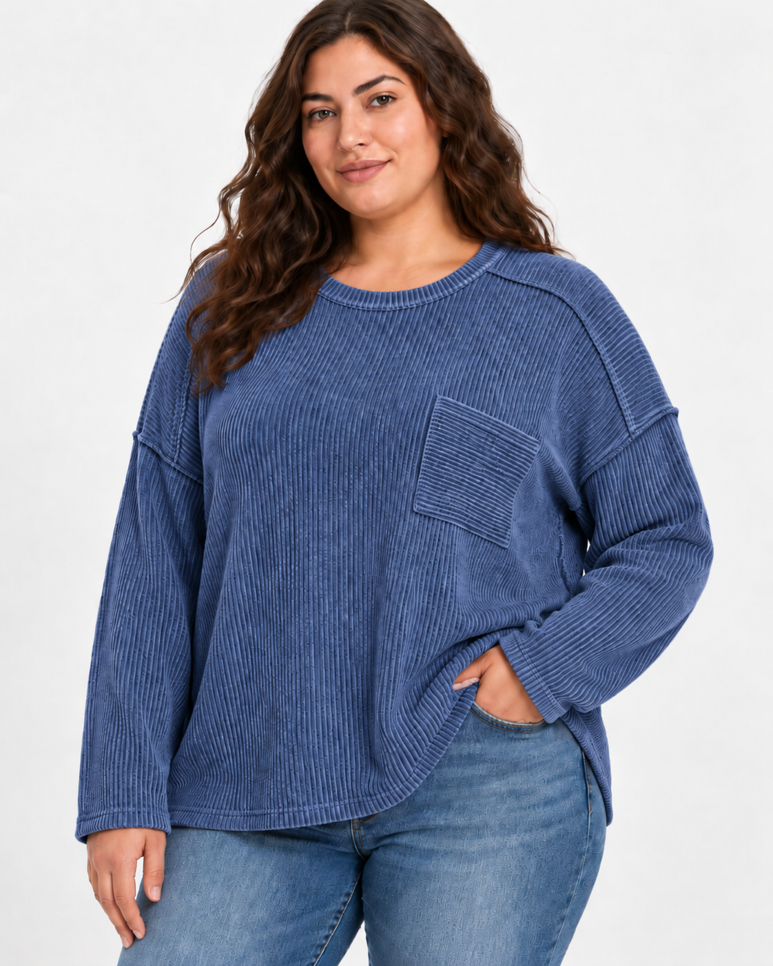 Zenana Plus Size Washed Ribbed Exposed Seam Pocket Top