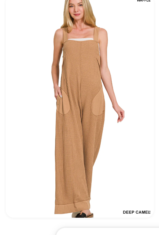 Zenana Wide-Leg Ribbed waffle knit Jumpsuit in Camel