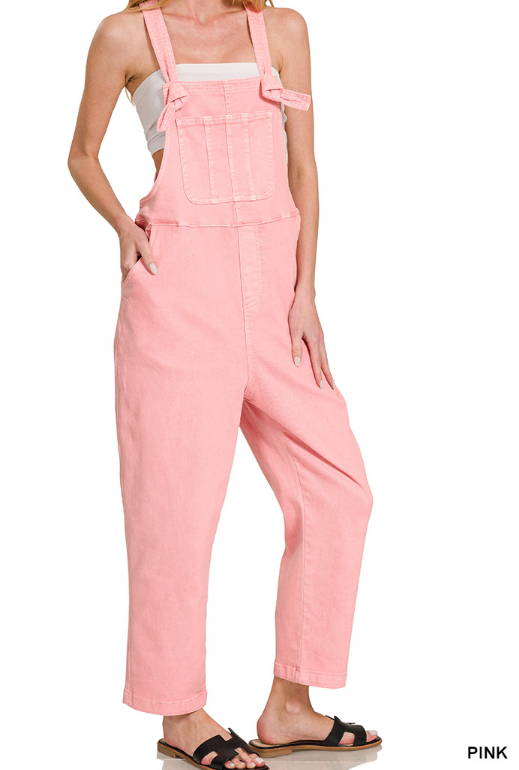 Washed knot strap relaxed fit overalls