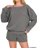 Zenana Fleece boat neck sweatshirts & shorts 2pcs set.