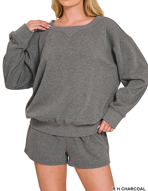 Zenana Fleece boat neck sweatshirts & shorts 2pcs set.