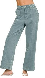 Zenana Washed Wide Leg Pocket Pants