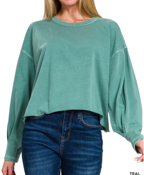 Zenana washed oversized cropped long-sleeve top