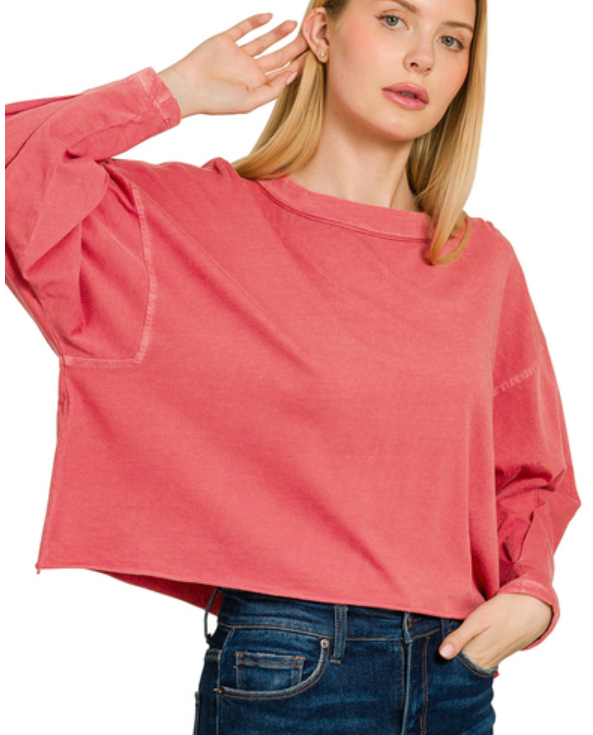 Zenana washed oversized cropped long-sleeve top