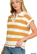 Striped collared short sleeve sweater