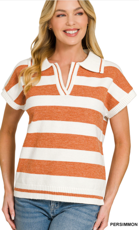Striped collared short sleeve sweater