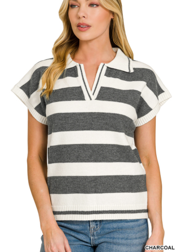 Striped collared short sleeve sweater