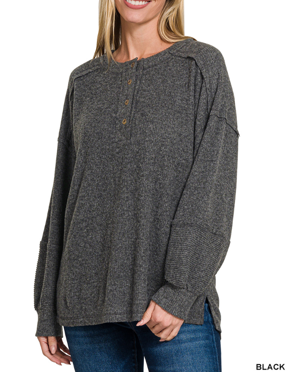 Zenana Ribbed Brushed Hacci Henley Sweater