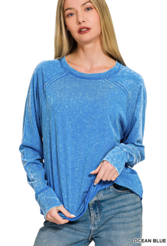 Washed scoop-neck long sleeve top