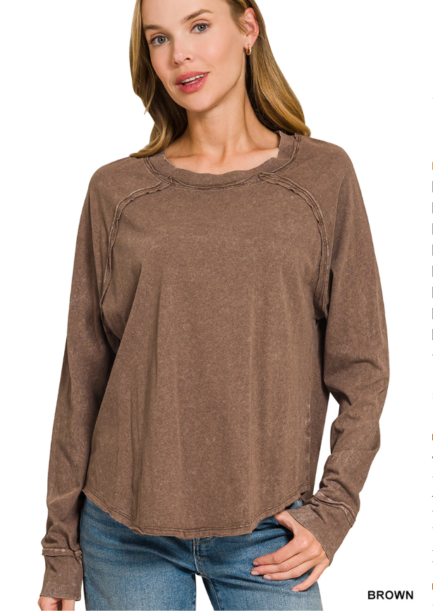 Washed scoop-neck long sleeve top