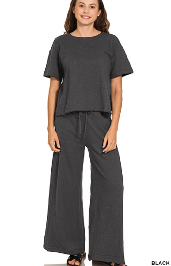 Zenana Cotton Slub Short Sleeve Tee & Pants Set