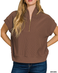 Zenana Ribbed High Neck Half Zip Top