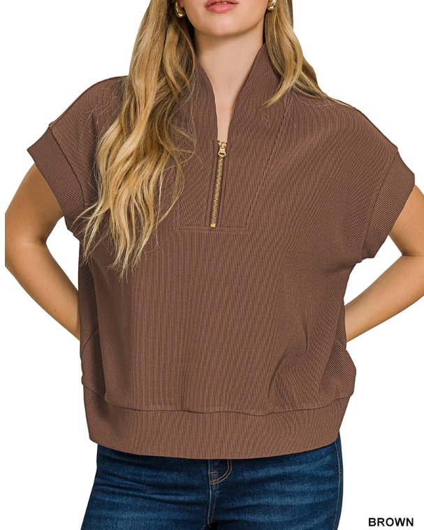 Zenana Ribbed High Neck Half Zip Top