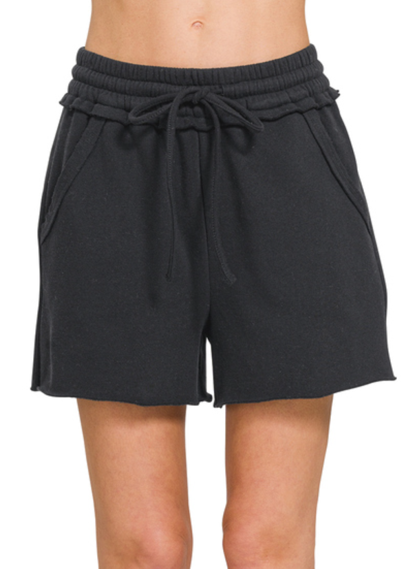 Zenana OP-4345Y Fleece raw hem shorts with draw string
