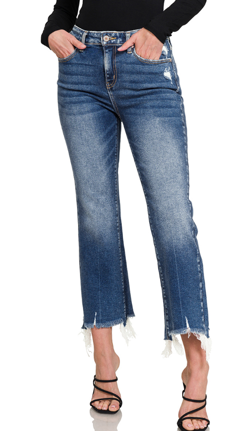 Zenana Dark Wash Cropped Raw Hem Jeans