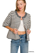 Striped wool blend short sleeve cardigan sweater