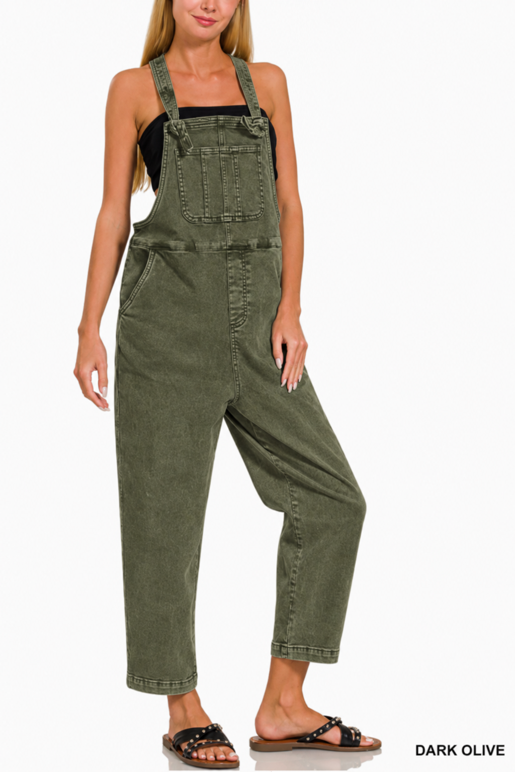 Washed knot strap relaxed fit overalls