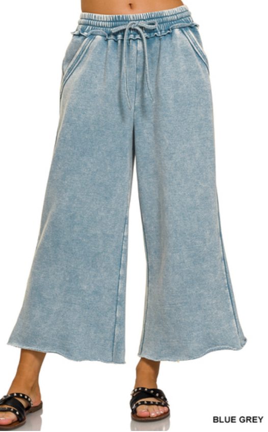 Acid wash fleece palazzo sweatpants with pockets