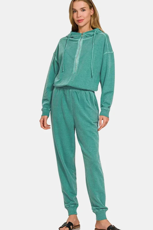 Zenana Enzyme Washed French Terry Hooded Jogger Jumpsuit – Teal
