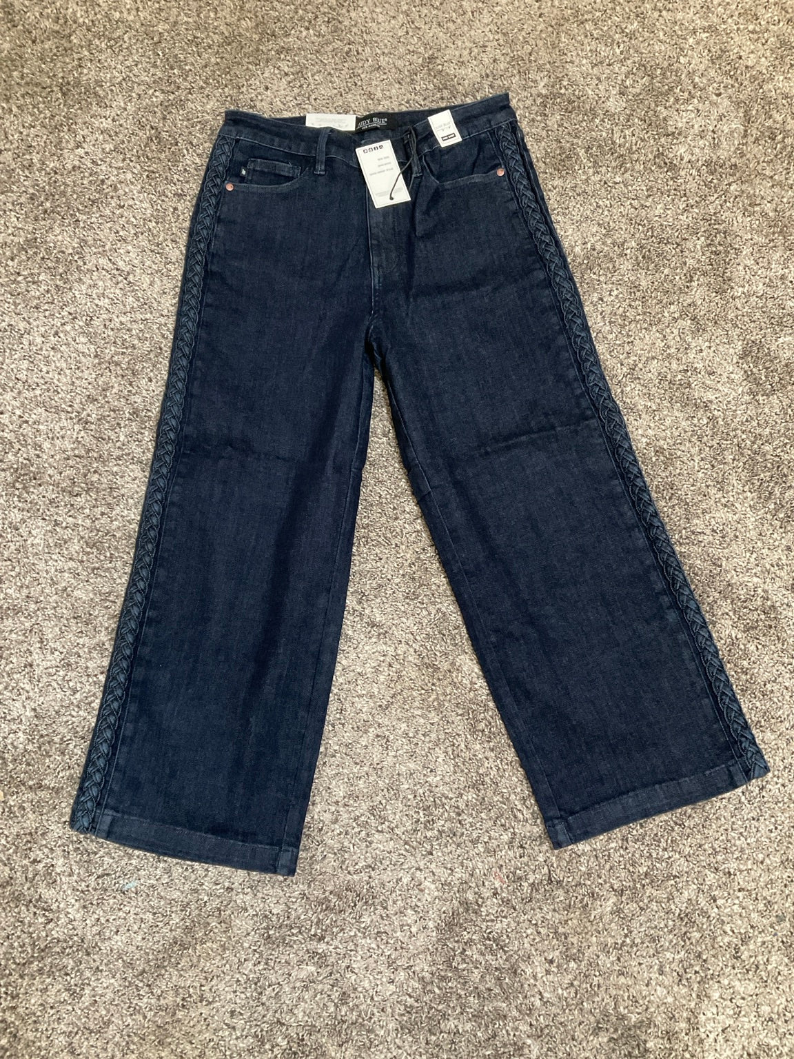 Judy Blue High Rise Braided Side Crop Wide Leg Jeans – Dark Wash
