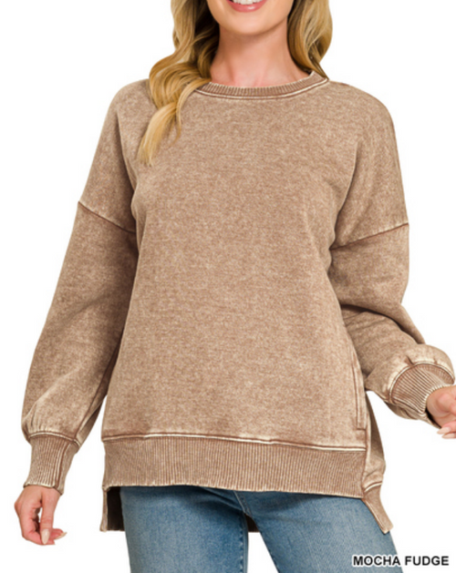 Acid wash fleece hi-low hem pullover