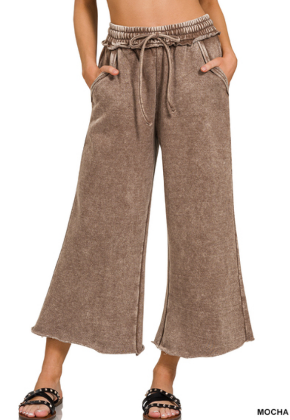 Acid wash fleece palazzo sweatpants with pockets