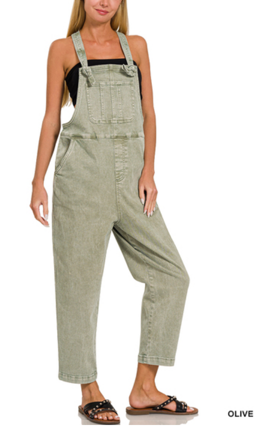 Washed knot strap relaxed fit overalls